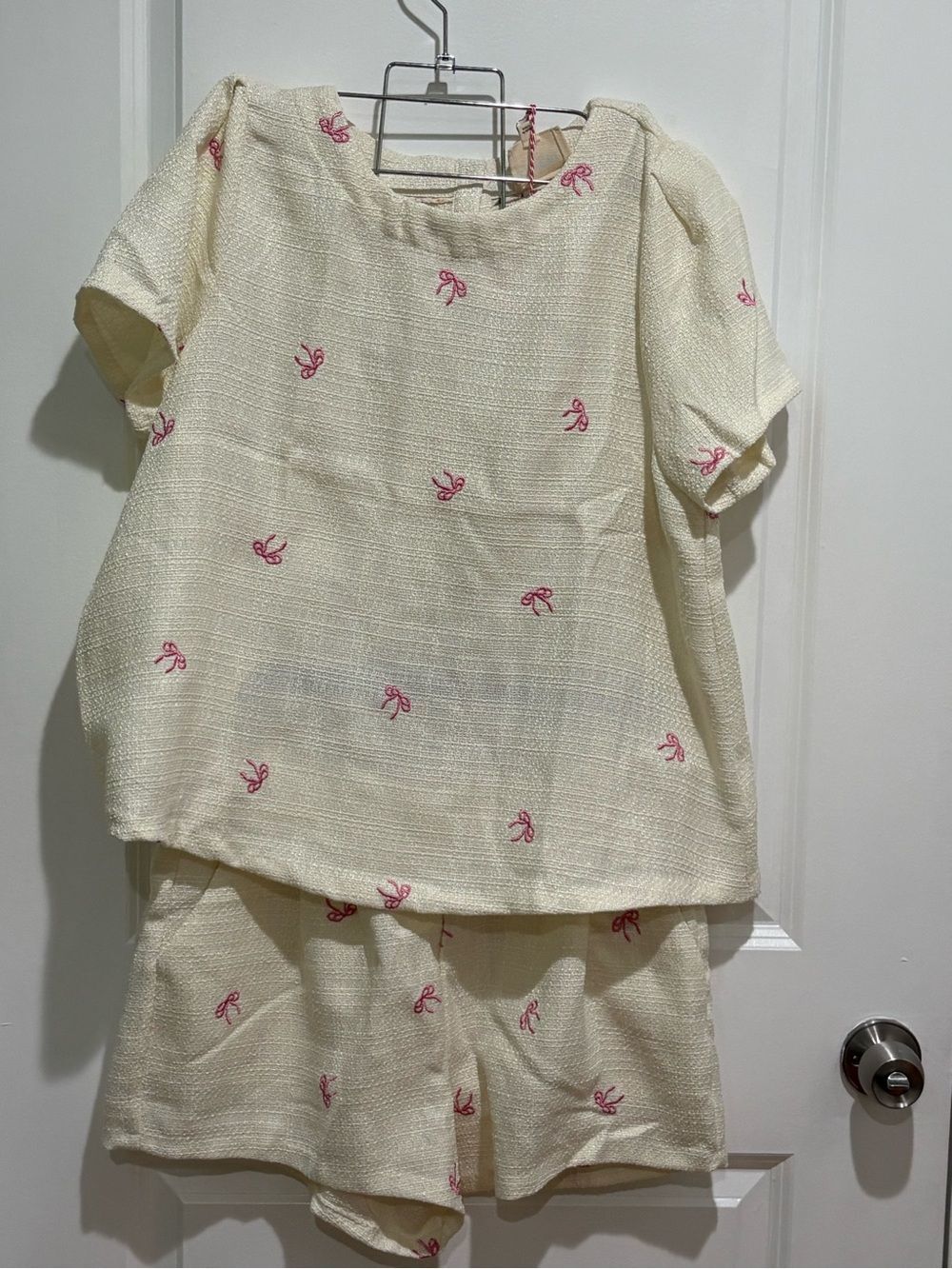 Umgee Cream Short Set with Pink Bow Embroidery
